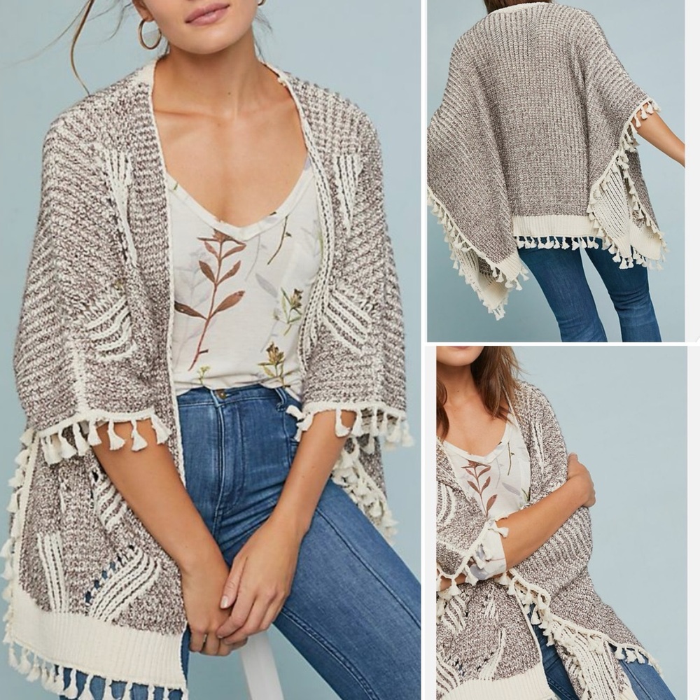 Anthropologie Eliana Pommed Hem Sweater Knit Kimono Cardigan One Size Brown OS